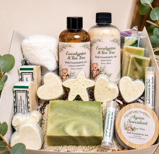 Spa gift set: eucalyptus tea tree bottles, green soap bar, heart soaps, bath salts