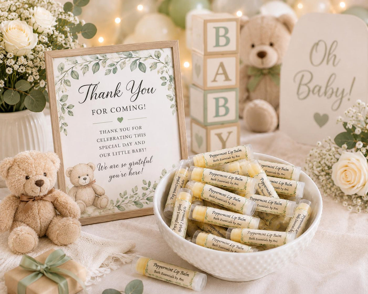 Peppermint lip balm favors in a serving bowl with thank-you sign