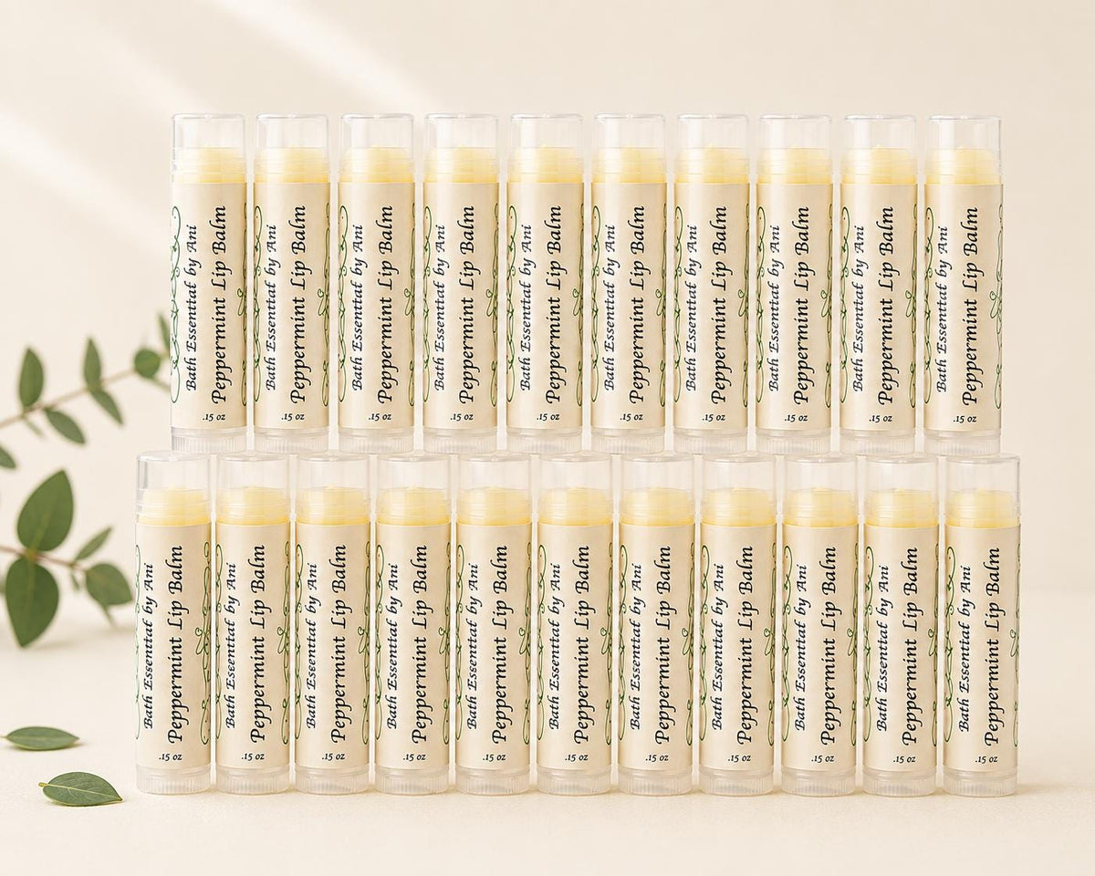 Peppermint lip balm favor sticks in clear tubes, labeled, arranged in rows