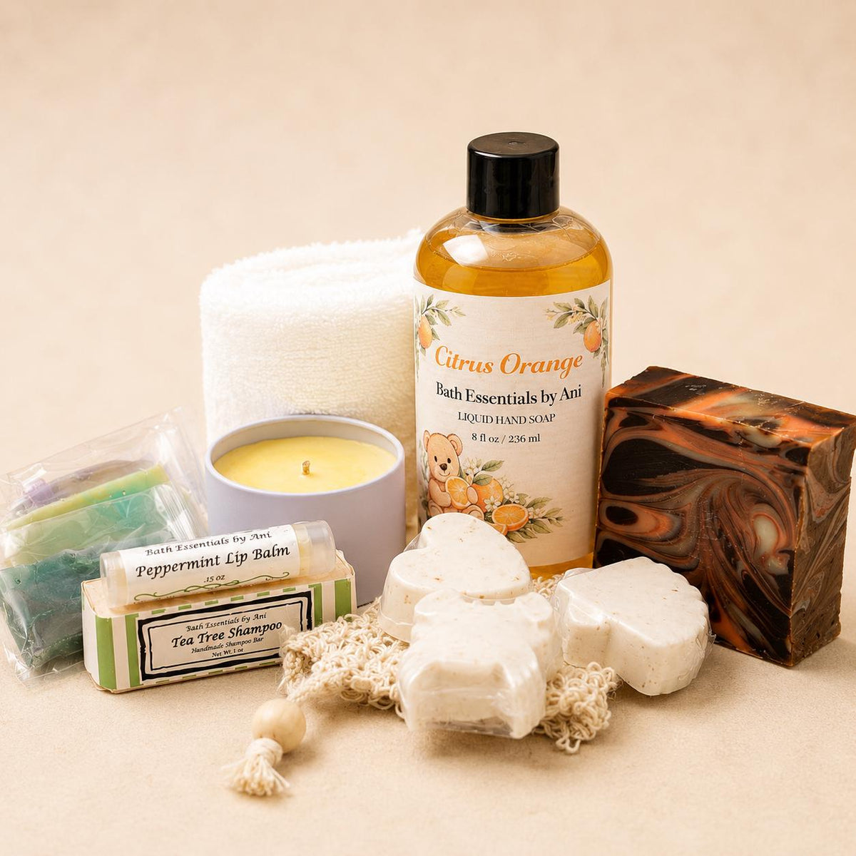 Spa gift basket with citrus bath essentials, candle, soap bars, lip balm, and washcloth