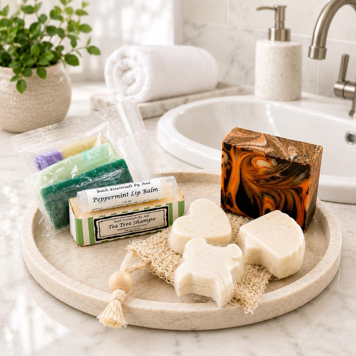 Spa gift set tray with soap bars, bath bombs, tea tree shampoo bar, and lip balm