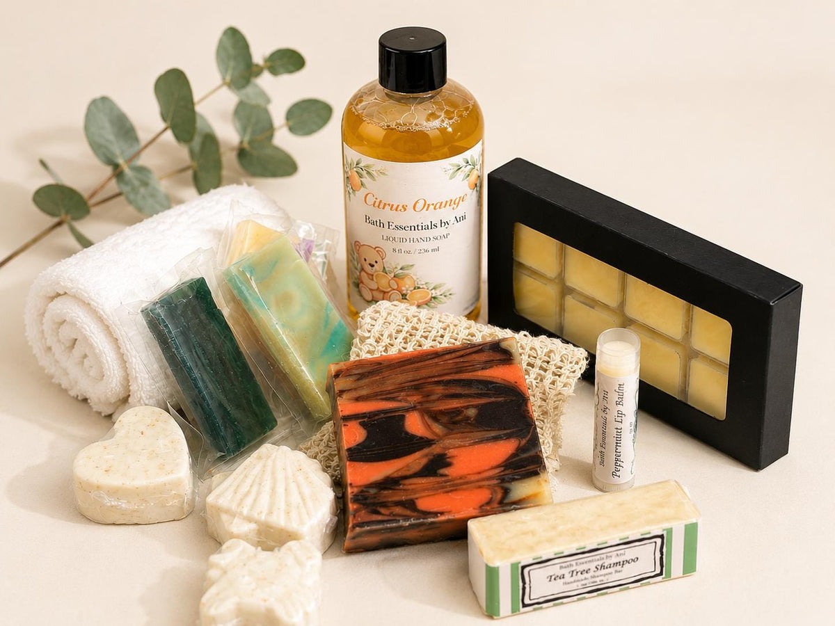 Spa gift box with bath essentials: soap bars, bath bombs, loofah cloth, and lip balm